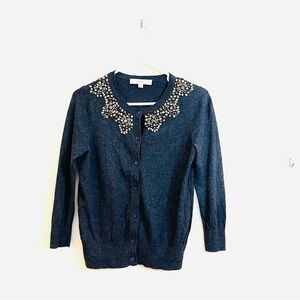 Ann Taylor Loft Cotton Blend Jewelry Embellished Cardigan Size SP Dark Gray